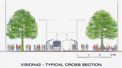 Removing cars and trucks from 42nd Street and replacing buses with a modern, low-flow, light-rail line would allow the full width of this crowded street to be used for a richly landscaped greenway and sustainable transport.
Illustration:  Roxanne Warren