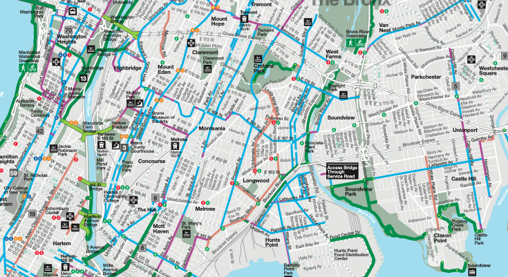 There is virtually no on-street protected lanes (green lines) in a key portion of the Bronx. Most bike lanes are mere painted lanes (blue) or sharrows (purple).