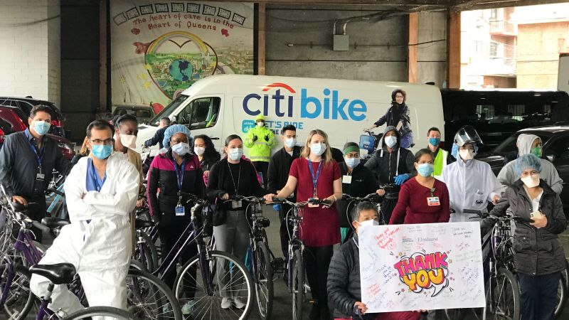 Hospital workers with their donated bikes at Elmhurst Hospital. Photo courtesy of NYCEDC