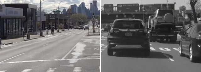Northern Boulevard (left during the coronavirus crisis and right on a "normal" day). Photos: Clarence Eckerson Jr.