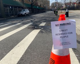 Cones, not cops. This is how one street activist opened up a neighborhood road for residents to socially distance. Photo: Gersh Kuntzman