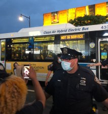 Here was the scene outside the Barclays Center when an MTA bus driver refused to drive arrested protesters on behalf of the NYPD. Photo: Jane Kuntzman