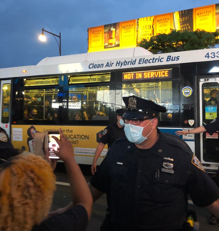 Here was the scene outside the Barclays Center when an MTA bus driver refused to drive arrested protesters on behalf of the NYPD. Photo: Jane Kuntzman