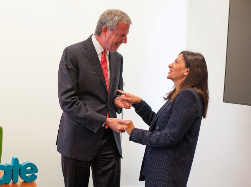 Mayor de Blasio says he admires Paris Mayor Anne Hidalgo, but imitation is the sincerest form of flattery.