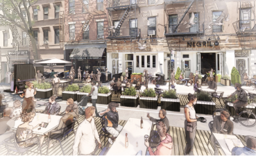 Famed restaurant architect David Rockwell created this idea for outdoor space — showing the Park Slope restaurant Negril — for the New York City Hospitality Alliance. Photo: Rockwell Group