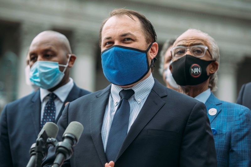 They still can't breathe: Corey Johnson (center) with the Rev. Al Sharpton and others at an anti-chokehold rally in June. Photo: NYC Council