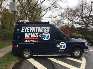 An illegally parked Eyewitness News truck idles in an illegal spot in the Bronx on April 24, 2020. Photo: Eve Kessler