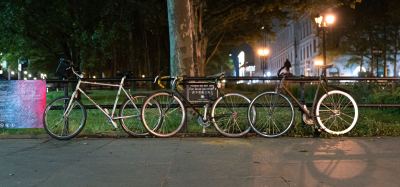 Three bikes awaiting their owners next to Borough Hall, after police cleared out Cadman Plaza. Photo: Ben Feibleman