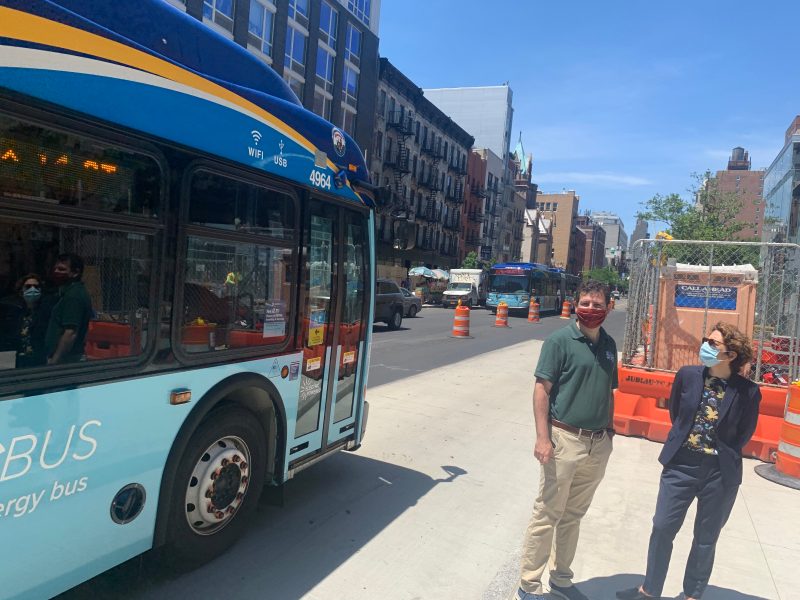 DOT Commissioner Polly Trottenberg, with her Deputy Commissioner Eric Beaton, show off where there will be a new dedicated bus lane on 14th Street, part of an announcement of 20 busway and bus lane miles made by the mayor on Monday. Photo: Gersh Kuntzman