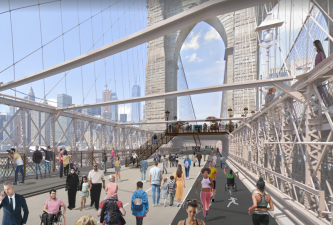 Photo-realistic rendering of the car-free Brooklyn Bridge, with the southern roadway re-designed for walkers and runners. © 2020 Massengale & Co LLC, rendering by Zeke Mermell.