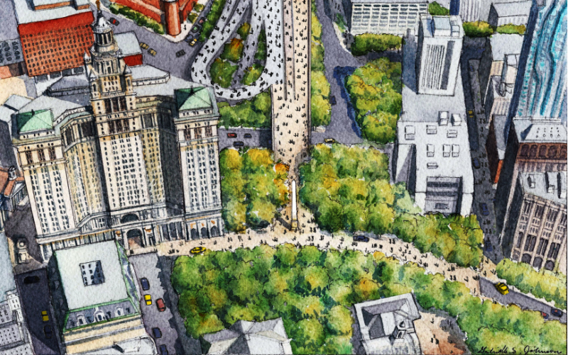 A rendering of what a pedestrianized Financial District could look like. © 2017 Massengale & Co LLC, rendering by Gabriele Stroik Johnson.