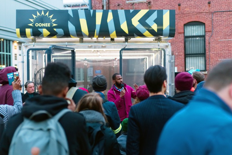 Shabazz Stuart launched his company's first bike parking pod at the Brooklyn Navy Yard in 2018. Photo: Oonee