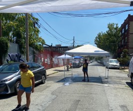Demonstrating portable shade in Red Hook.