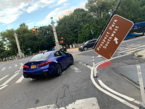 Good thing this city directional sign didn't hit anyone. Photo: Gersh Kuntzman