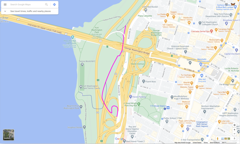 A little-known path through Fort Washington Park in Upper Manhattan (see red line) lets cyclists using the Hudson River Greenway avoid hilly terrain around the George Washington Bridge. Image: Google