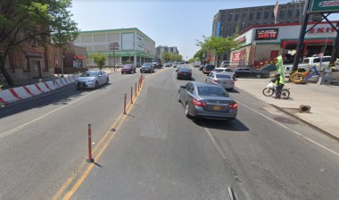 The horrible stretch of Bruckner Boulevard, looking west towards Brown Place, where a cyclist (not the one pictured) was killed Thursday. Photo: Google