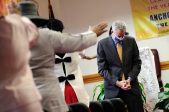 On Sunday, Mayor de Blasio prayed at a church in Queens. On Tuesday, he begged Albany for help on reckless driving. Photo: Ed Reed/Mayoral Photography Office