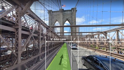 One rendering of the proposed Brooklyn Bridge bike lane shows an arrow pointing into our glorious future (though the lane would likely be a narrow two-way route). Photo: Mayor's Office