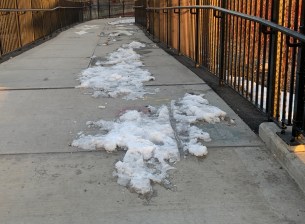 The paths leading to the Kosciuszko Bridge in Queens still has snow from Feb. 2.