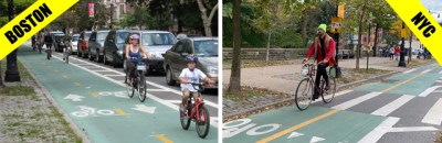 Boston's bike lane design (left) is clearly stolen from New York.