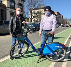 Hoboken Mayor Ravi Bhalla (right with Hoboken Director of Transportation Ryan Sharp) was already getting into the Citi Bike spirit when this file photo was taken in March.