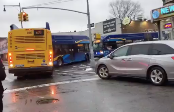One of the B35 buses stuck because of an illegally parked minivan. Source: @NYC Scanner via Twitter