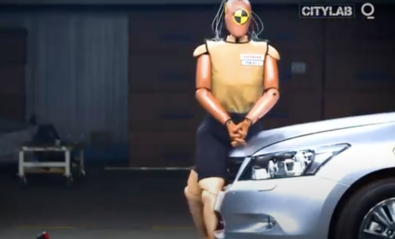 A driver hits a crash test dummy in a simulation.