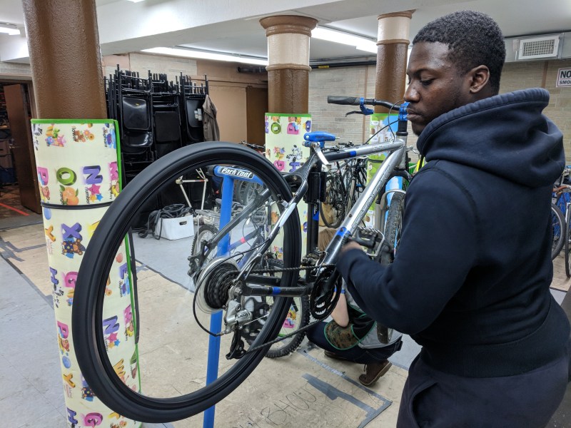 Fixing bikes at a workshop of the Mechanical Gardens Bike Co-op in Brooklyn. Photo: Mechanical Gardens Bike Co-op