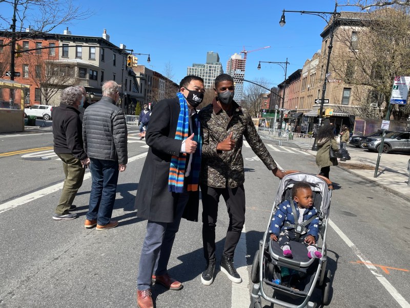 Mayoral candidate Andrew Yang pn Vanderbilt Ave. on Saturday.