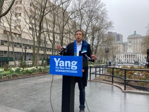 Mayoral candidate Andrew Yang unveils a plan to crackdown on placard abuse. Photo: Julianne Cuba