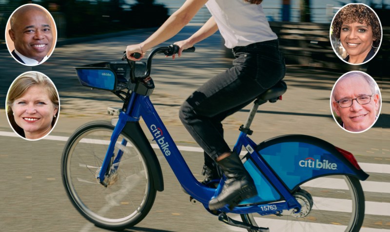 Mayoral candidates (clockwise from top left) Eric Adams, Dianne Morales, Scott Stringer and Kathryn Garcia would subsidize Citi Bike.