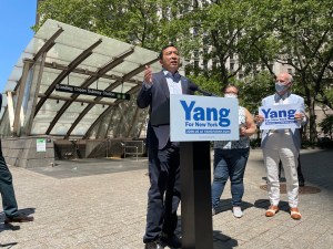 Andrew Yang, waving away the many questions about his plan to take over New York City Transit. Photo: Dave Colon