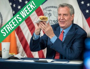 Mayor de Blasio ate a Shake Shack burger as part of hyping the eatery's free fries for vaccinated people. Photo: Ed Reed/Mayoral Photography Office