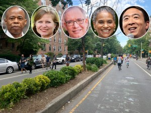 All these mayoral hopefuls (from left, Eric Adams, Kathryn Garcia, Scott Stringer, Maya Wiley and Andrew Yang) have signed the petition calling for a linear park on 34th Avenue in Jackson Heights. (Art Chang has also signed.)