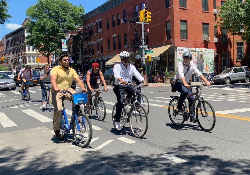 Eric Adams meets the press on bikes. Photo: Gersh Kuntzman