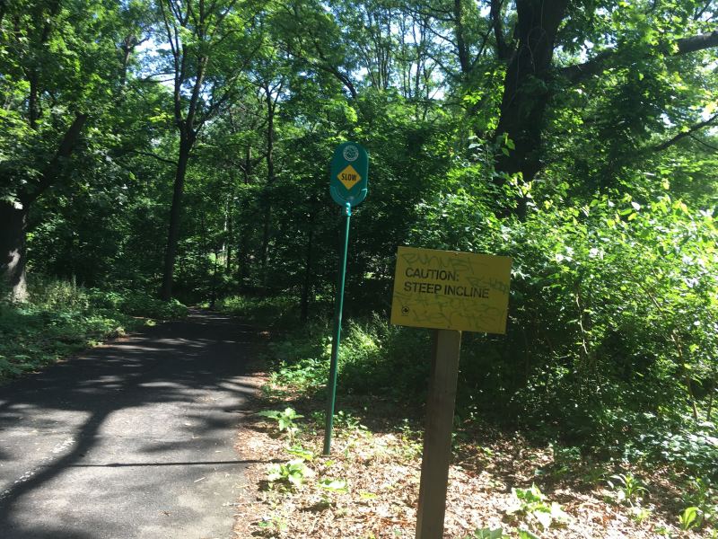 The NYC Greenway bike path, facing north, near the entrance at Van Cortland Park South and Dickinson Avenue. Photo: Eve Kessler