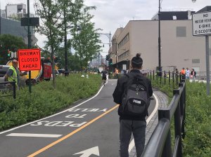 State officials say they will provide a temporary protected bike lane on West Street while construction occurs on the Hudson River Greenway at night this week. Photo: Craig Sachs