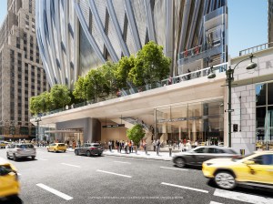A rendering of the outside public space of the new proposed Project Commodore tower. Photo: RXR Realty
