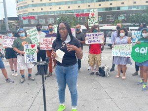 Ashley Price speaking during rally. Photo: Fiifi Frimpong