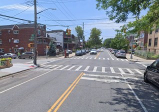 Here's the dangerous intersection where 6-year-old Hiromi Tamy was killed by a reckless driver. Note the two-way configuration, which encourages recklessness as drivers speed to red lights. Photo: Google
