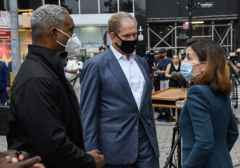 On Monday, Gov. Hochul got into the weeds with (from left) MTA Senior Vice President of Subways Demetrius Crichlow and Acting MTA Chairman and CEO Janno Lieber. Photo: Marc A. Hermann / MTA