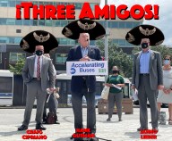 MTA and DOT officials shared a press conference, which advocates said was a big deal. Photo: Dave Colon (with apologies to Orion Pictures)