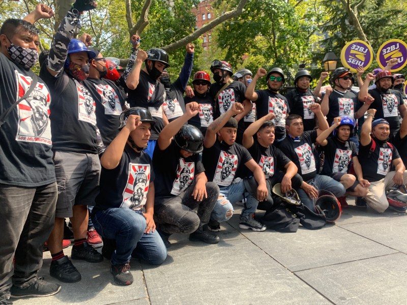 Delivery workers rallied at City Hall on Monday to protest working conditions and danger. Photo: Gersh Kuntzman