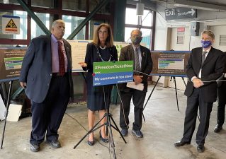 State Senator Leroy Comrie, Permanent Citizens Advisory Committee to The MTA Executive Director Lisa Daglian and City Council Member Barry Grodenchik at Woodside Station make the case for the Freedom Ticket. Photo: Dave Colon