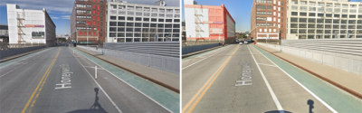 In 2017 (left), Honeywell Street had flex-posts. By 2019, they were gone. Photos: Google