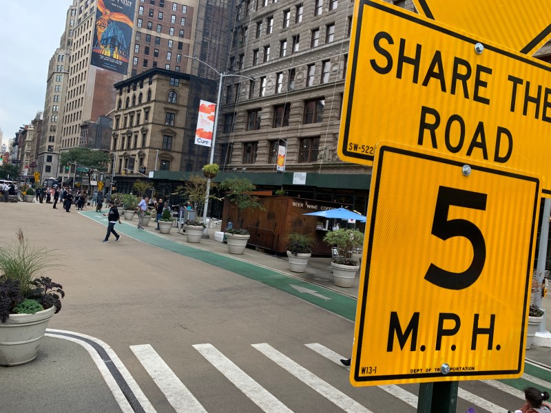 The shared street on Broadway between 21st and 23rd streets in the Flatiron district. Photo: Gersh Kuntzman