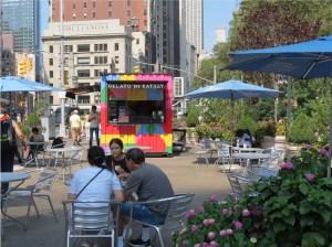 The Eataly kiosk at the Flatiron public plaza — an example of pedestrianization at a business improvement district. Photo: Flatiron/23rd Street Partnership