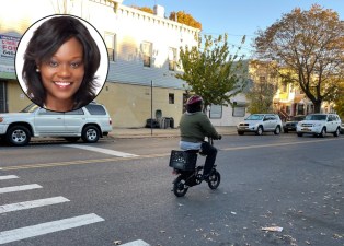 Assembly Member Rodneyse Bichotte Hermelyn (inset) opposes safety measures for cyclists like this guy. Photo: Dave Colon