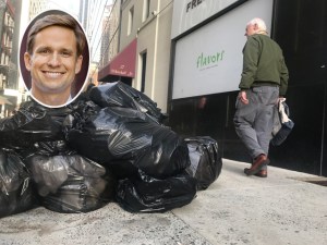An everyday scene: a New Yorker squeezed by a huge pile of trash. Incoming Council Member Erik Bottcher (inset) has a plan. File photo: Gersh Kuntzman
