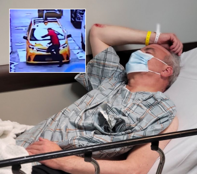 The moment of impact (inset) and the moment on a gurney.